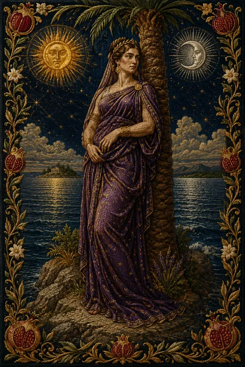 Embroidered tapestry interpretation of Leto with a palm tree, an island refuge and twin lights.