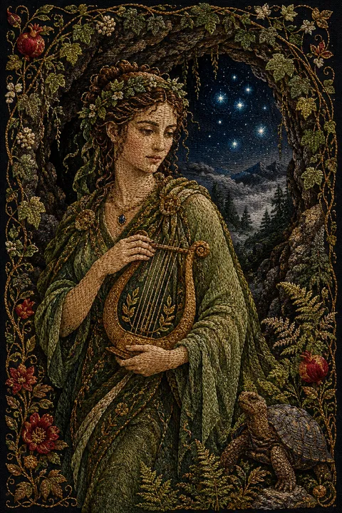 Embroidered tapestry interpretation of Maia with an Arcadian cave, a tortoise and distant stars.