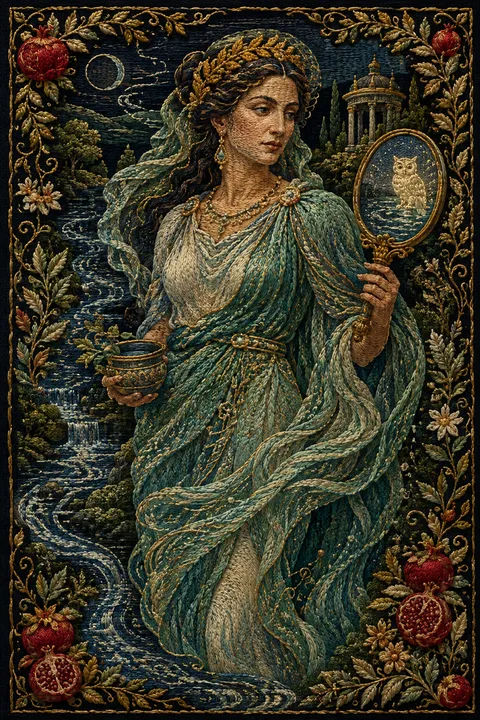 Embroidered tapestry interpretation of Metis with a medicinal cup, a mirror and winding water.