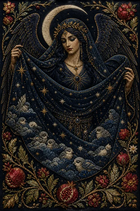 Embroidered tapestry interpretation of Nyx with a star-filled veil and dark wings.