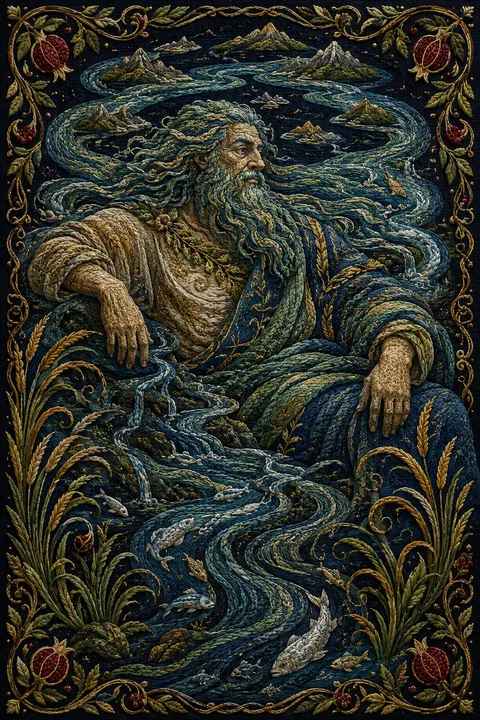 Embroidered tapestry interpretation of Oceanus with an encircling river, reeds and silver fish.