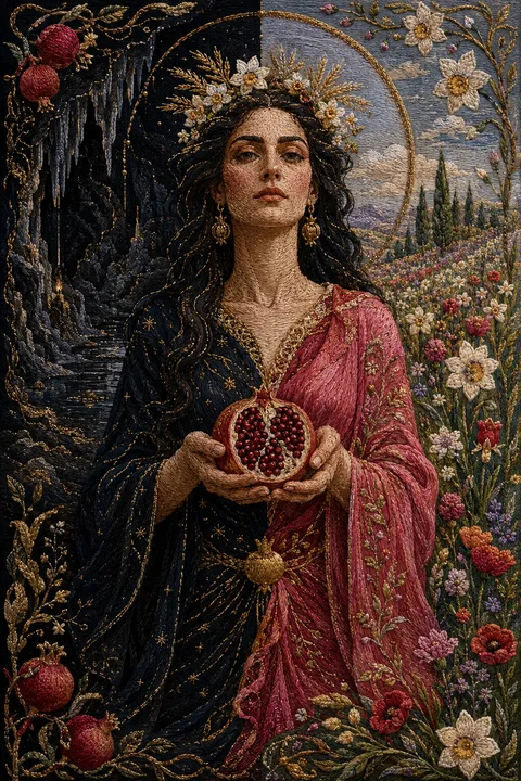 Embroidered tapestry interpretation of Persephone with a pomegranate and spring flowers beside a cavern.
