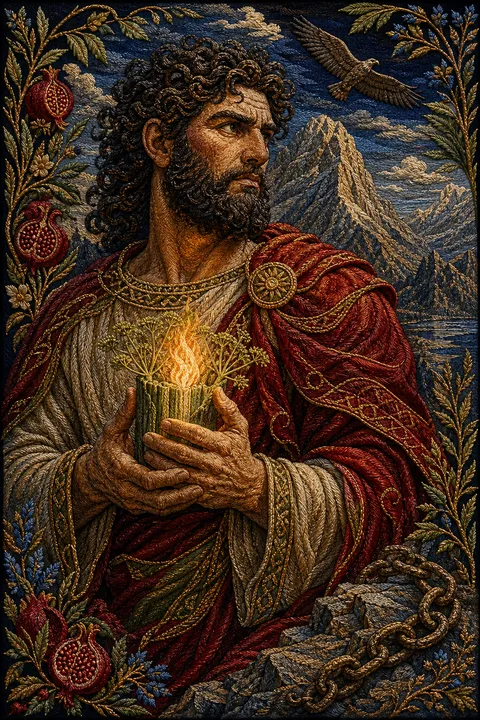 Embroidered tapestry interpretation of Prometheus with a fennel stalk carrying fire and a mountain chain.