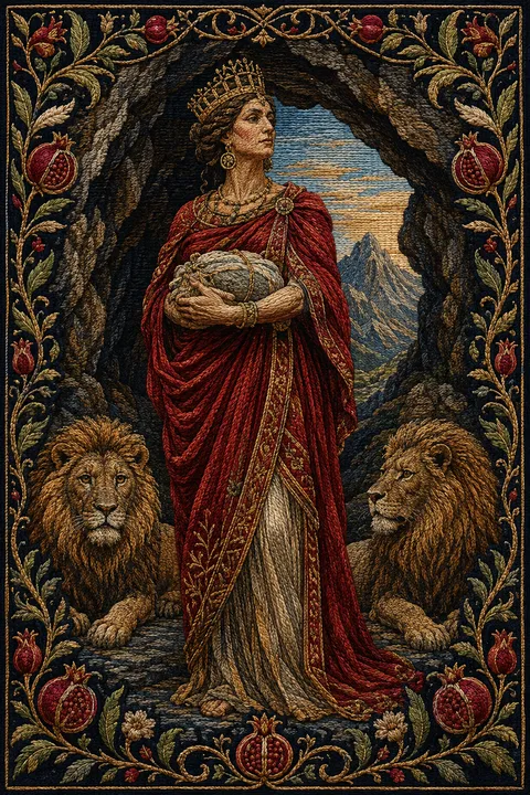 Embroidered tapestry interpretation of Rhea with lions, a mountain cave and a wrapped stone.