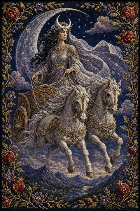 Embroidered tapestry interpretation of Selene with a crescent diadem and a moonlit chariot.