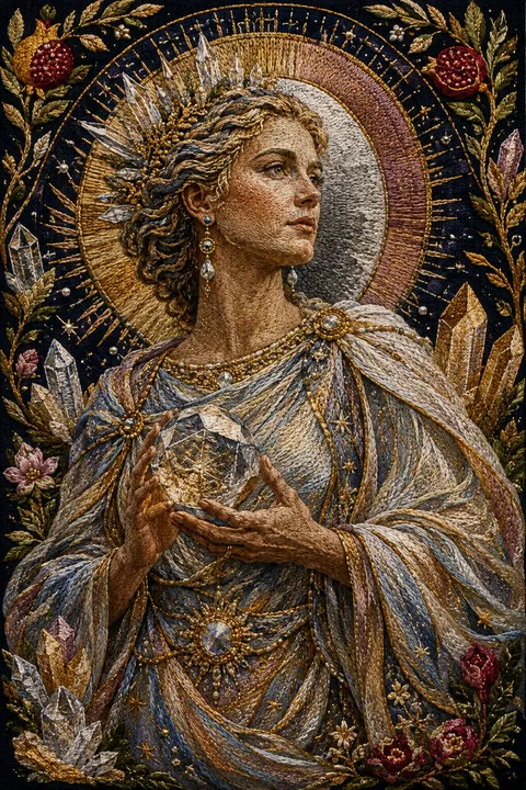 Embroidered tapestry interpretation of Theia with crystals, gold veins and refracted celestial light.