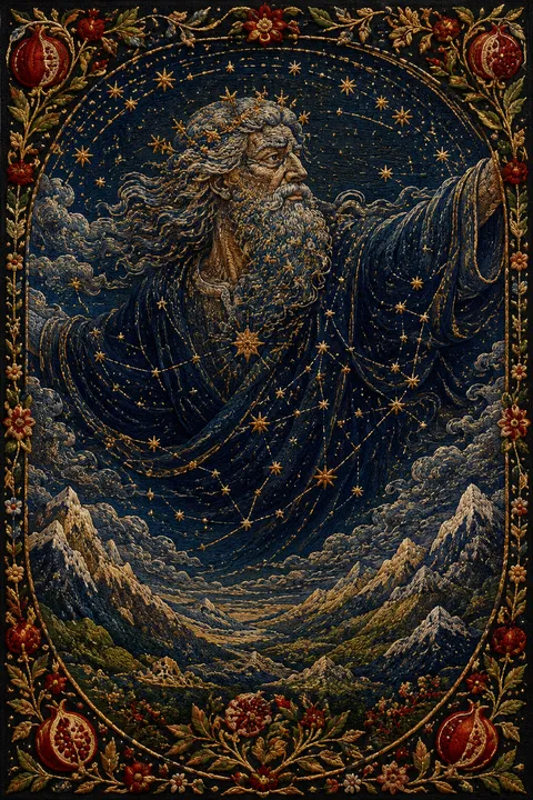 Embroidered tapestry interpretation of Uranus with a starry celestial dome above mountains.