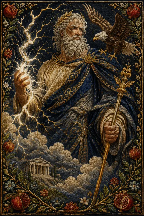 Embroidered tapestry interpretation of Zeus with an eagle and branching lightning.