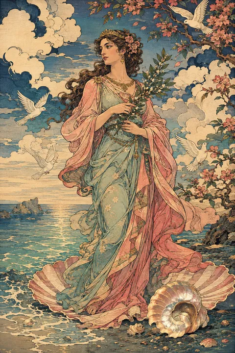 Japanese woodblock interpretation of Aphrodite with myrtle, doves and an opalescent shore.