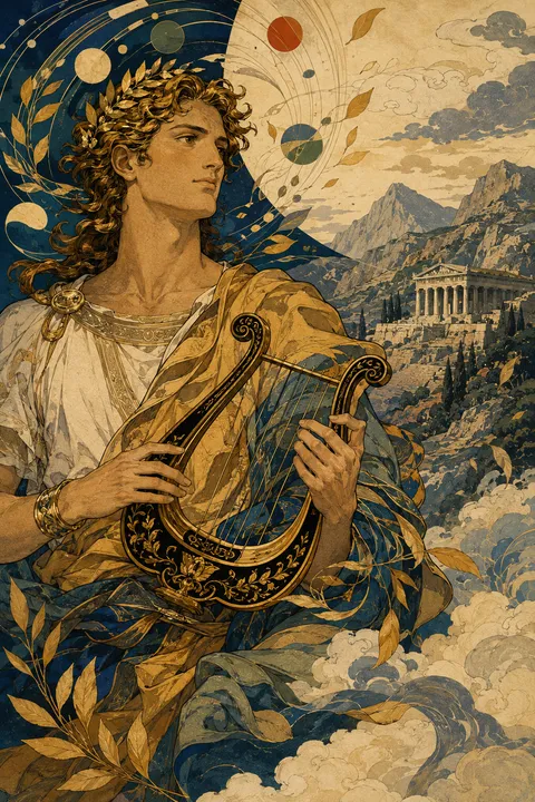 Japanese woodblock interpretation of Apollo with a lyre, laurel leaves and a mountain sanctuary.