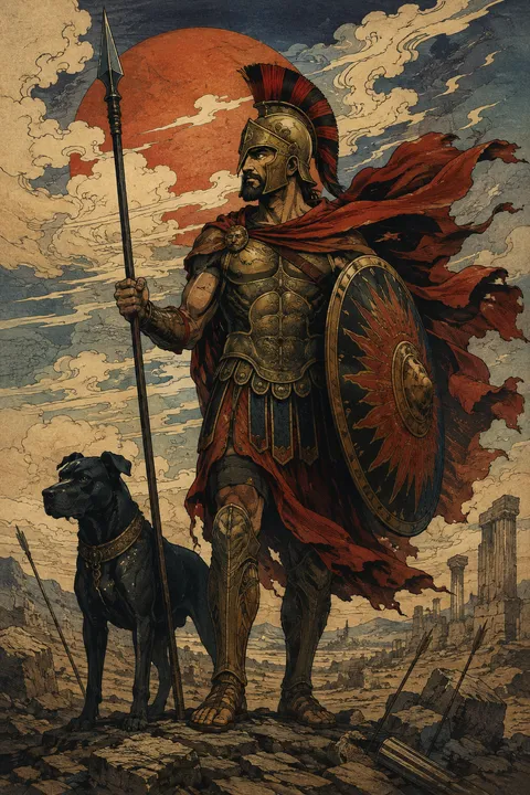 Japanese woodblock interpretation of Ares with a bronze helmet, spear and round shield.