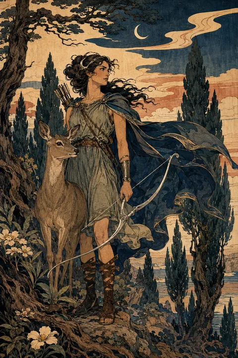Japanese woodblock interpretation of Artemis with a bow, a deer and a wild cypress forest.