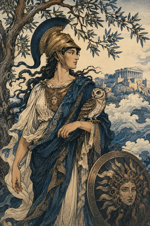 Japanese woodblock interpretation of Athena with an owl, a crested helmet and olive branches.