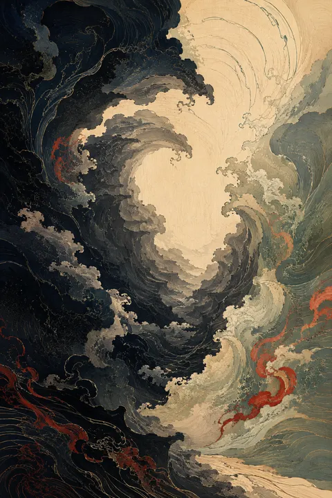 Japanese woodblock interpretation of Chaos with a primordial chasm and the first threads of light.