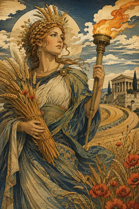 Japanese woodblock interpretation of Demeter with wheat, poppies and a glowing torch.