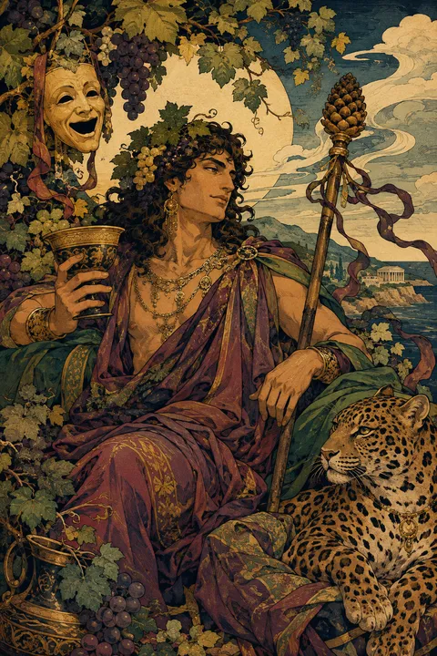 Japanese woodblock interpretation of Dionysus with ivy, grapes, a thyrsus and a theatre mask.