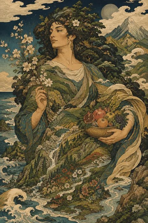Japanese woodblock interpretation of Gaia with fruit, mountains and a living forest.