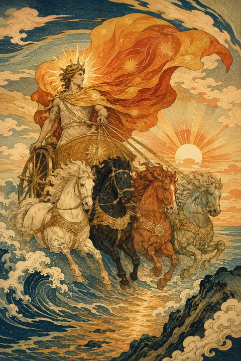 Japanese woodblock interpretation of Helios with a radiant crown and a four-horse sun chariot.