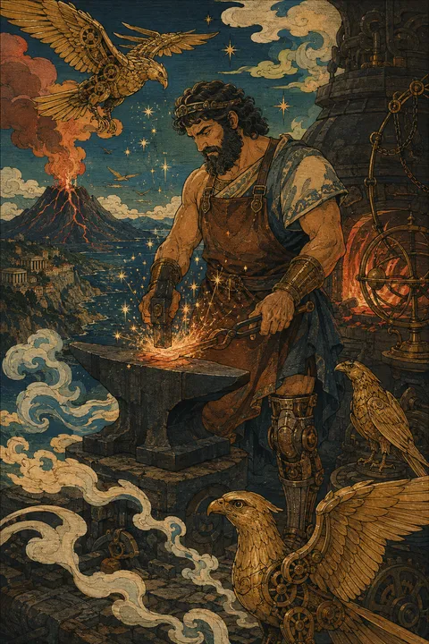 Japanese woodblock interpretation of Hephaestus with an anvil, a hammer and intricate bronze inventions.