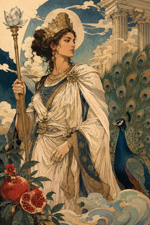 Japanese woodblock interpretation of Hera with a peacock, a crown and a royal scepter.