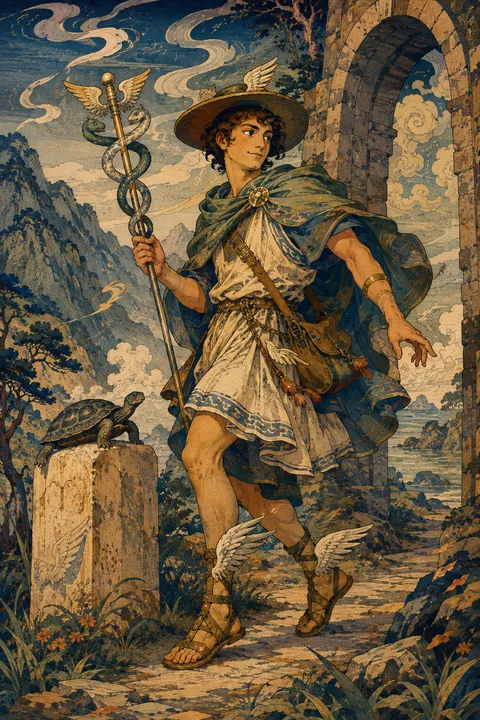 Japanese woodblock interpretation of Hermes with winged sandals, a herald’s staff and a tortoise.