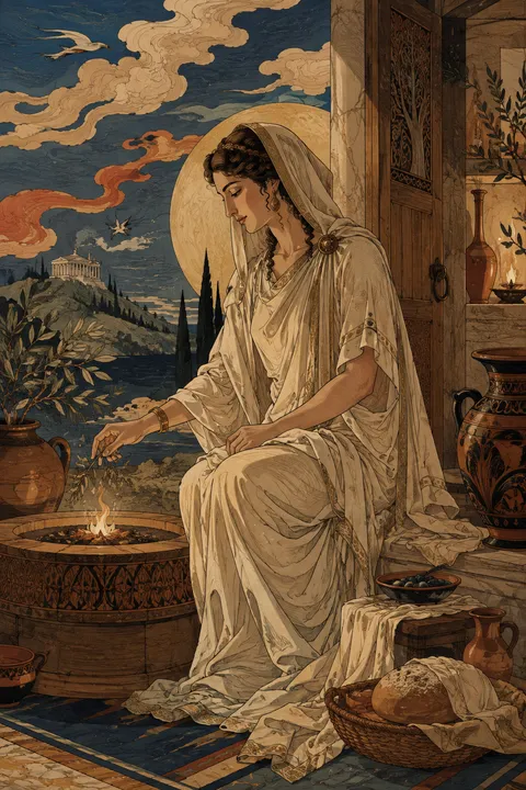 Japanese woodblock interpretation of Hestia with a steady hearth flame, bread and terracotta vessels.