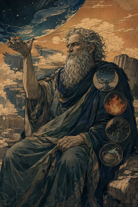 Japanese woodblock interpretation of Iapetus with colossal stone columns and symbols of his Titan family.