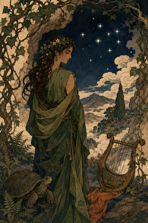 Japanese woodblock interpretation of Maia with an Arcadian cave, a tortoise and distant stars.