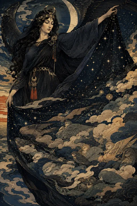 Japanese woodblock interpretation of Nyx with a star-filled veil and dark wings.