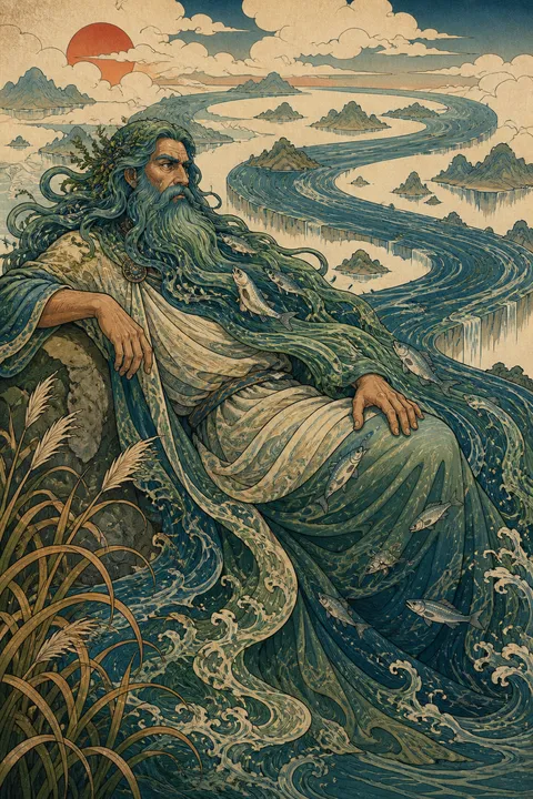 Japanese woodblock interpretation of Oceanus with an encircling river, reeds and silver fish.