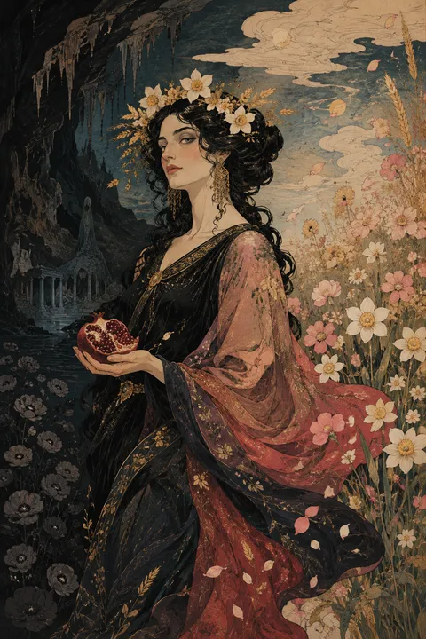 Japanese woodblock interpretation of Persephone with a pomegranate and spring flowers beside a cavern.