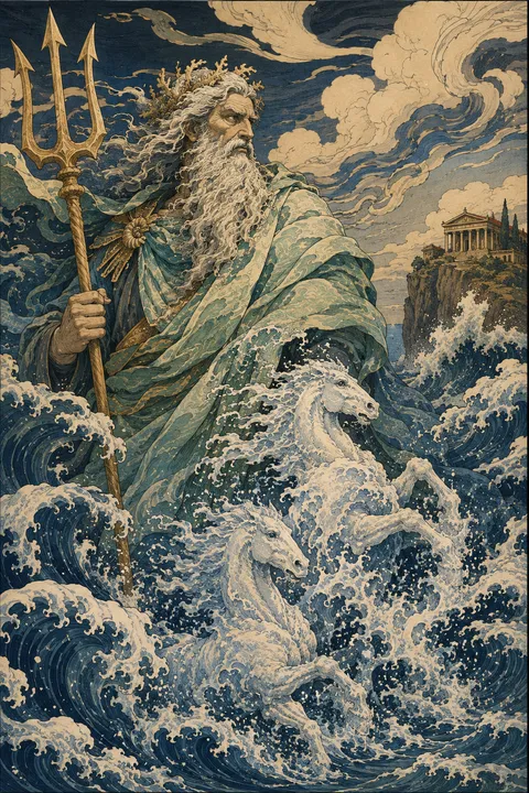 Japanese woodblock interpretation of Poseidon with a trident, breaking waves and sea-foam horses.
