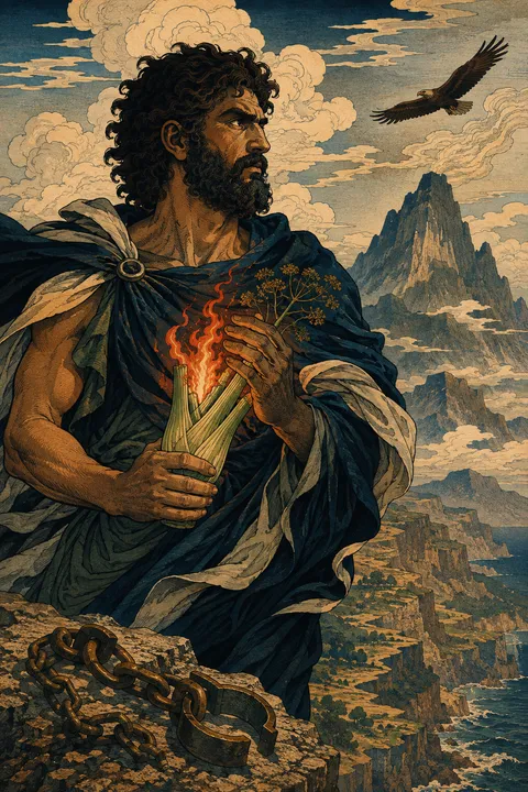 Japanese woodblock interpretation of Prometheus with a fennel stalk carrying fire and a mountain chain.