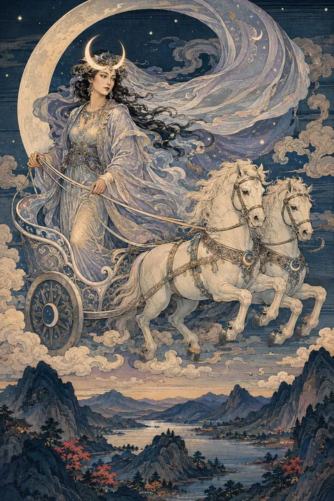 Japanese woodblock interpretation of Selene with a crescent diadem and a moonlit chariot.