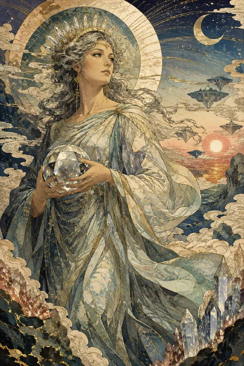 Japanese woodblock interpretation of Theia with crystals, gold veins and refracted celestial light.