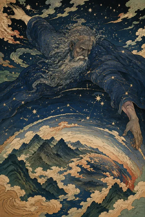 Japanese woodblock interpretation of Uranus with a starry celestial dome above mountains.