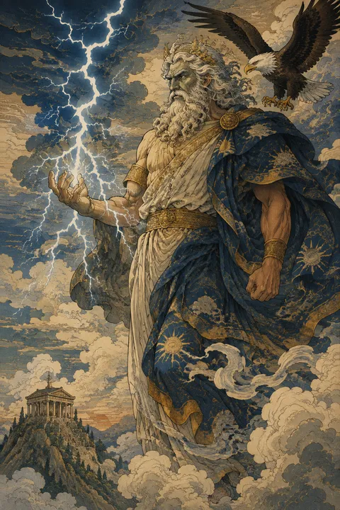 Japanese woodblock interpretation of Zeus with an eagle and branching lightning.